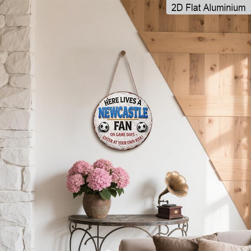 2D Flat Aluminum Newcastle United Fan Decorative Plaques and Ornaments. Vintage Distressed White Background with Football Pattern Wall Decorations