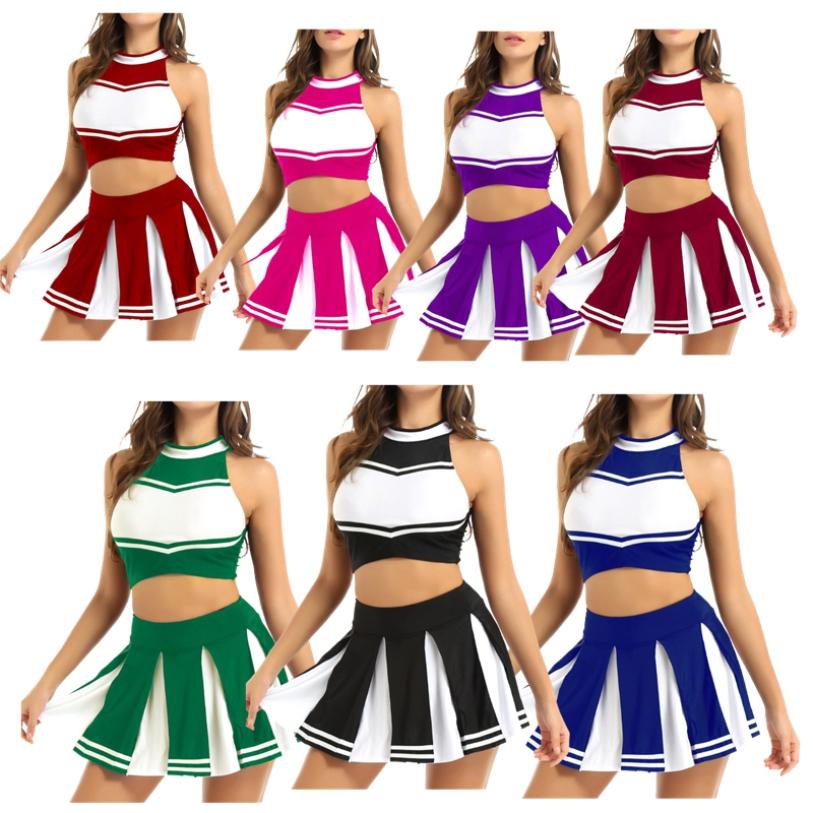 Women Cheer Leader Costume Uniform Cheerleading Adult Cosplay Outfit Crop Top with Pleated Mini Skirt