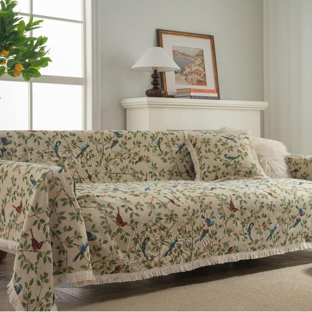 Полотенце для дивана Защита от царапин кошек Жаккардовый Цветочный Птица Зеленый Ретро Праздничный Фестиваль Толстый Плед для дивана