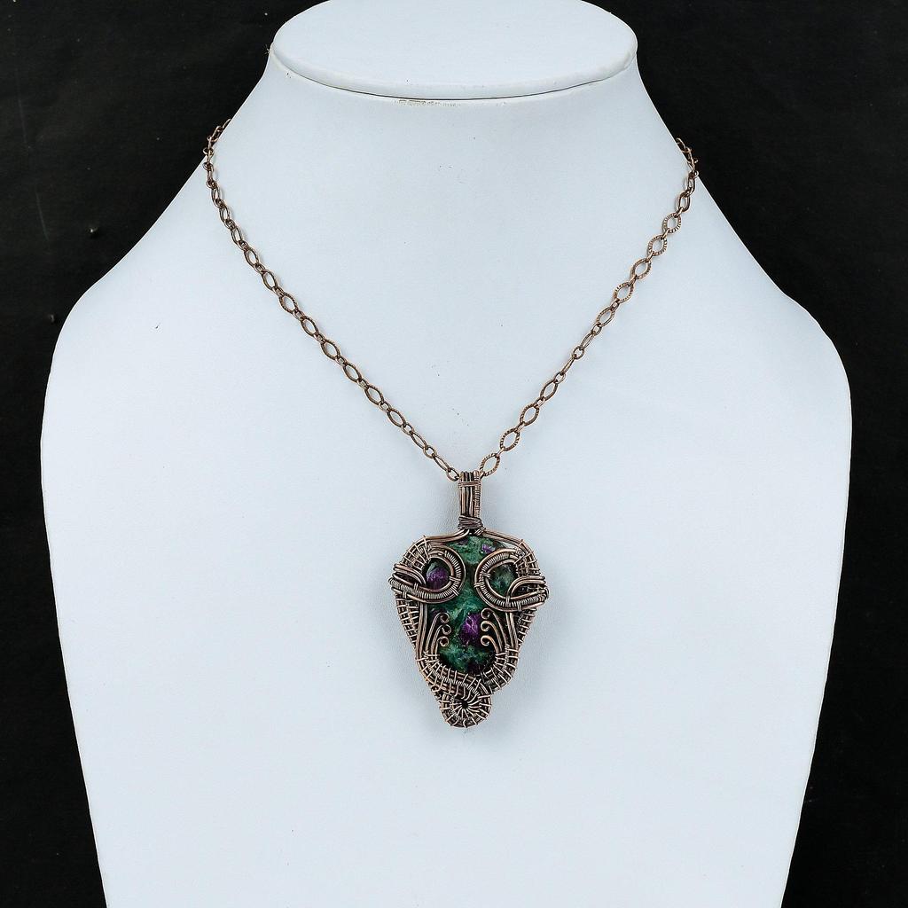 Подвеска из рубина и фуксита, обернутая медной проволокой, ручная работа, медные украшения, подвеска из натурального драгоценного камня, украшения в технике wire wrap, уникальная подвеска для подарка