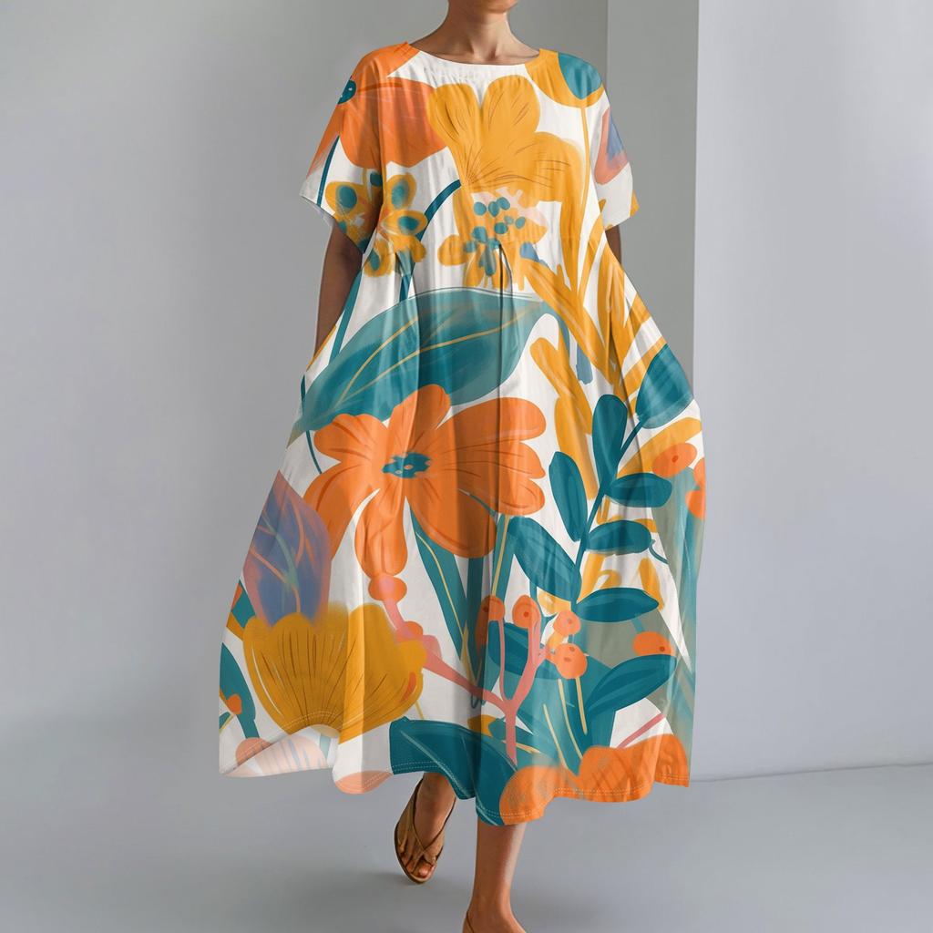 Women's Fashionable Print Round Neck Short Sleeved Loose Hem Pocket Dress