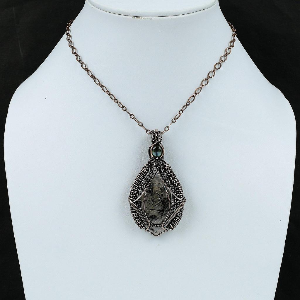 Black Rutile Pendant Copper Wire Wrapped Gemstone Pendant Antique Copper Jewelry Labradorite Pendant Handmade Pendant Wire Jewelry For Gift