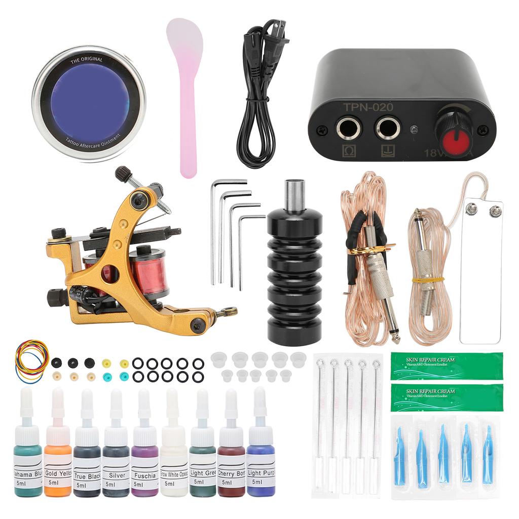 Complete Starter Tattoo Kit Professional Coil Tattoo Machine Power Supply Kit 9 Ink Tattoo Supplies