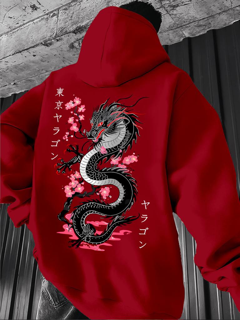 Pullover Hooded Sweatshirt Unisex Men Women Dragon Sakura Graphic Print Hoodie Streetwear Long Sleeve Tops With Kangaroo Pocket