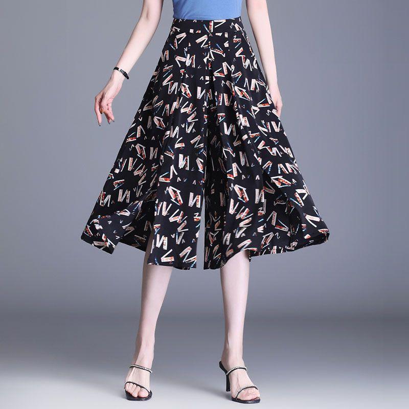 Summer Chiffon Loose High Waist Wide Leg Pants Skirt Casual Small Floral Cropped Cropped Pants for Women