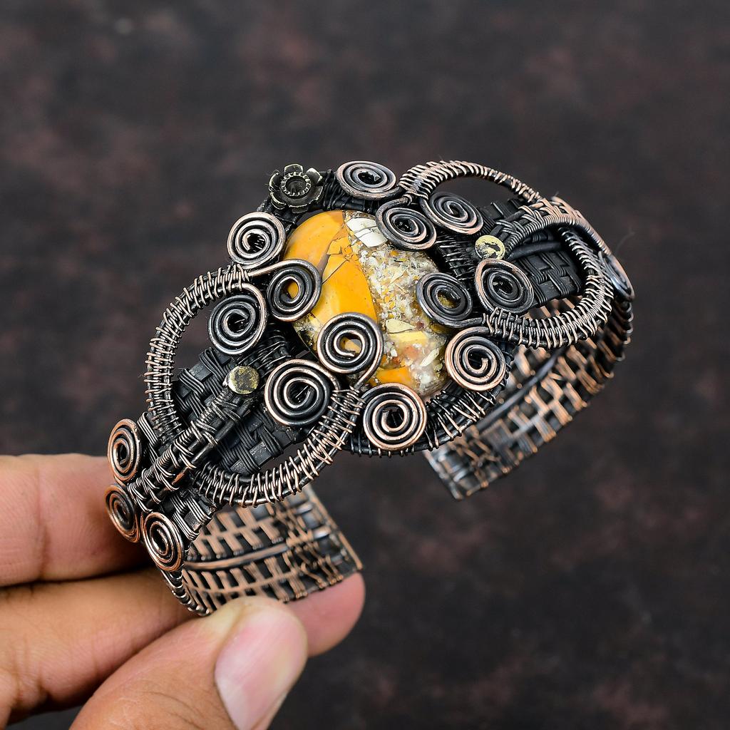 Браслет из меди с брекчиевым мукаитом, обмотанный медной проволокой, регулируемый браслет-манжета, ювелирные изделия ручной работы, браслет с драгоценными камнями, обмотанный проволокой