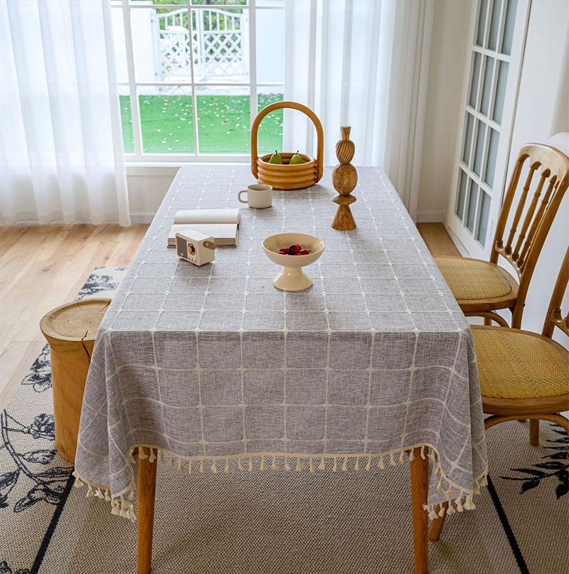 Хлопково-льняная квадратная скатерть с вышивкой и кисточками, пылезащитная клетчатая скатерть для Рождества, кухни, обеденного стола, декор столешницы