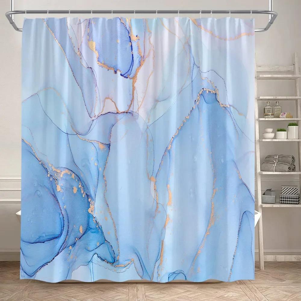 Абстрактный розовый мраморный набор штор для душа Золотистый текстурированный Современный геометрический Искусство чернилами Декор для ванной комнаты Коврик для двери Коврик для ванной Крышка для унитаза