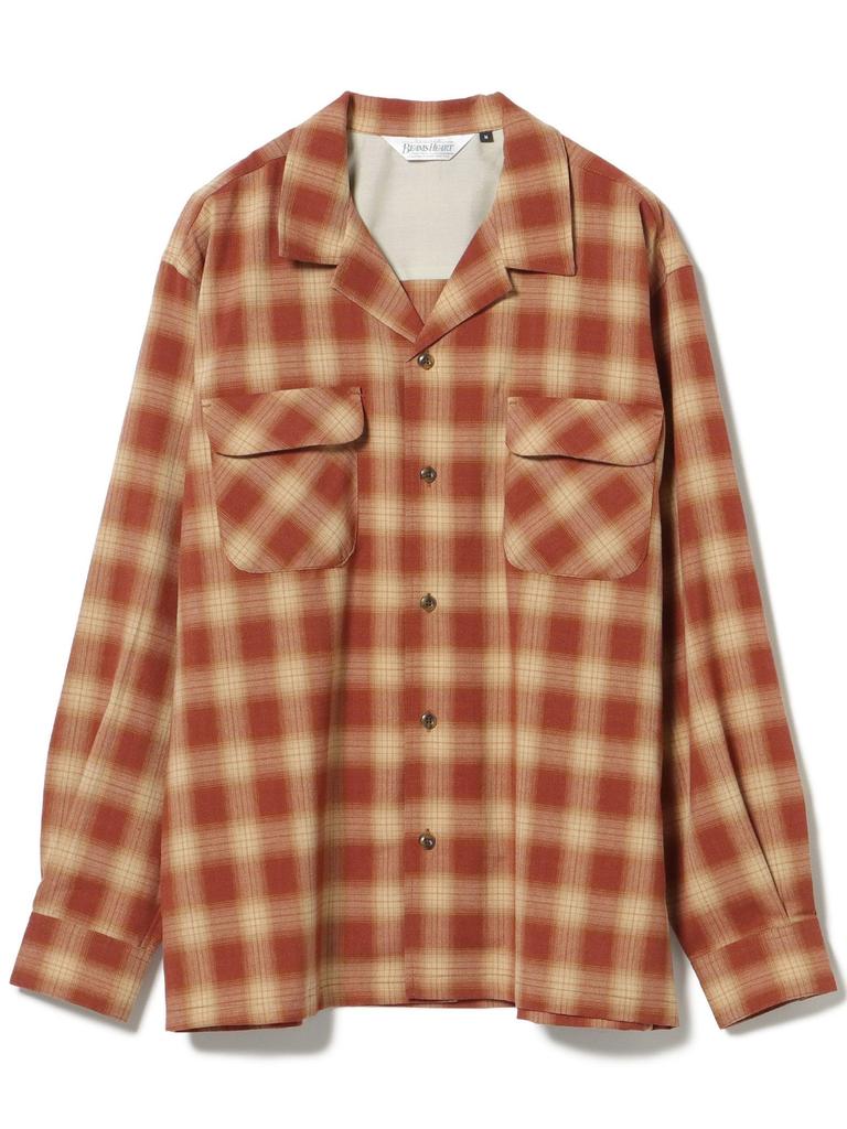 Beams Heart Men's Polyester Rayon Ombre Check Shirt, BRICK Size S