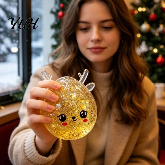 Glitter Core Sensory Toys Christmas Reindeer Bun Squeeze Toy, Slow Rising TPR Fidget Toy Elastic with Glitter, Holiday Decompression Gift, Party