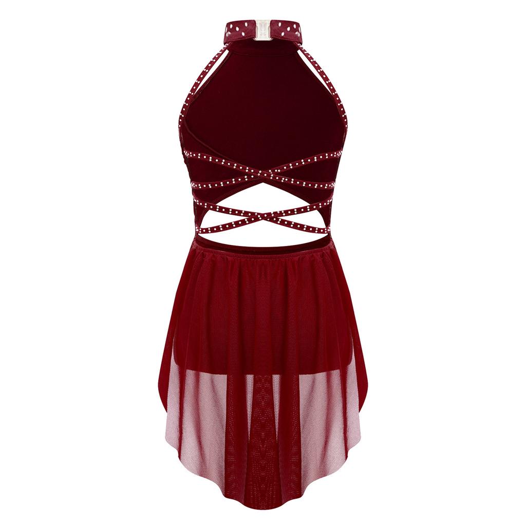 Kids Girls Lyrical Dance Performance Costume Figure Skating Ballet Gymnastics Leotard Dress Sleeveless Rhinestone Dancewear