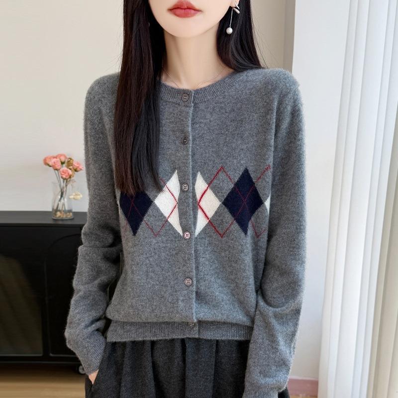 Women Autumn Winter Knit Cardigan Retro Fair Isle Pattern Round Neck Long Sleeve Loose Wool Blend Sweater Coat Casual Outerwear