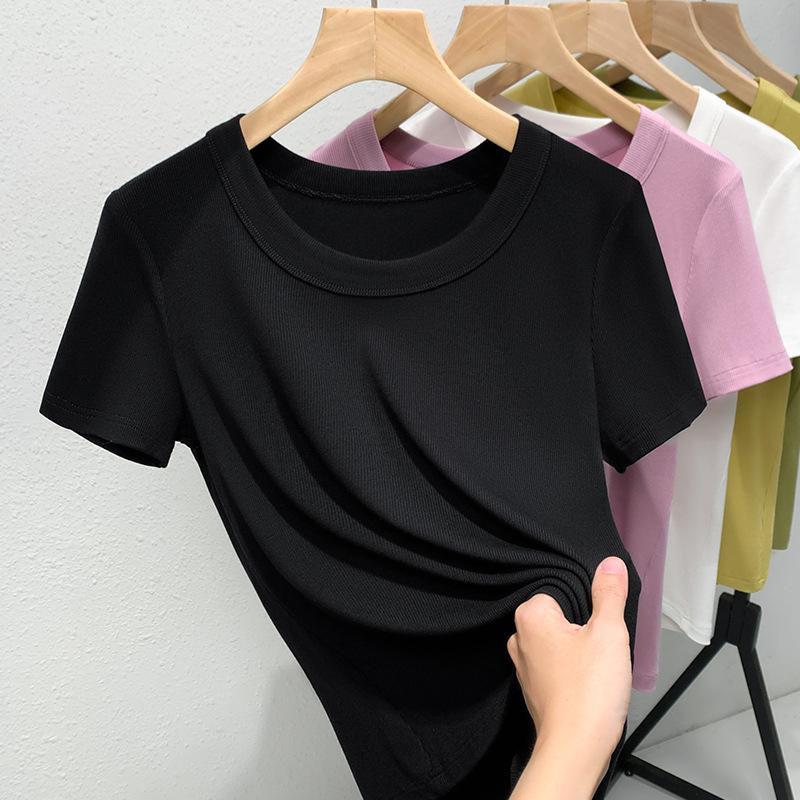 Футболка с коротким рукавом, женская, новая, женская, с широким круглым вырезом, однотонная футболка, колготки с эластичной резинкой на талии