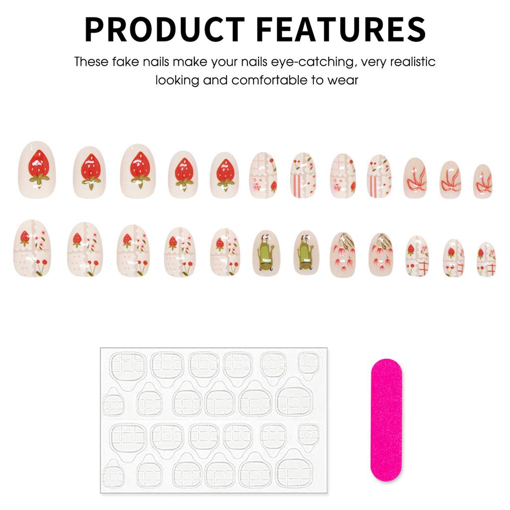 24pcs Women Full Cover Stick on Nails Strawberry Pattern Artificial Nails for DIY Nail Design Art Salon