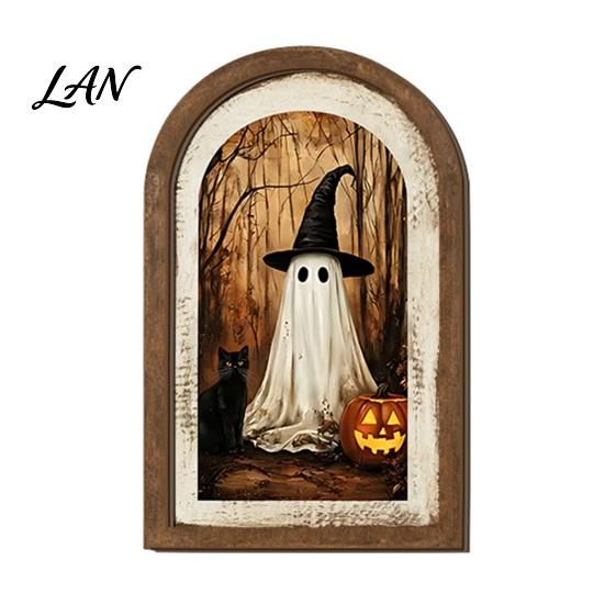 Autumn Tiered Tray Decor Ghost Arched Wall Decor, Cute Halloween Table Sign, Rustic Farmhouse Entryway Tabletop Sign Shelf Art for Mantel Living Room