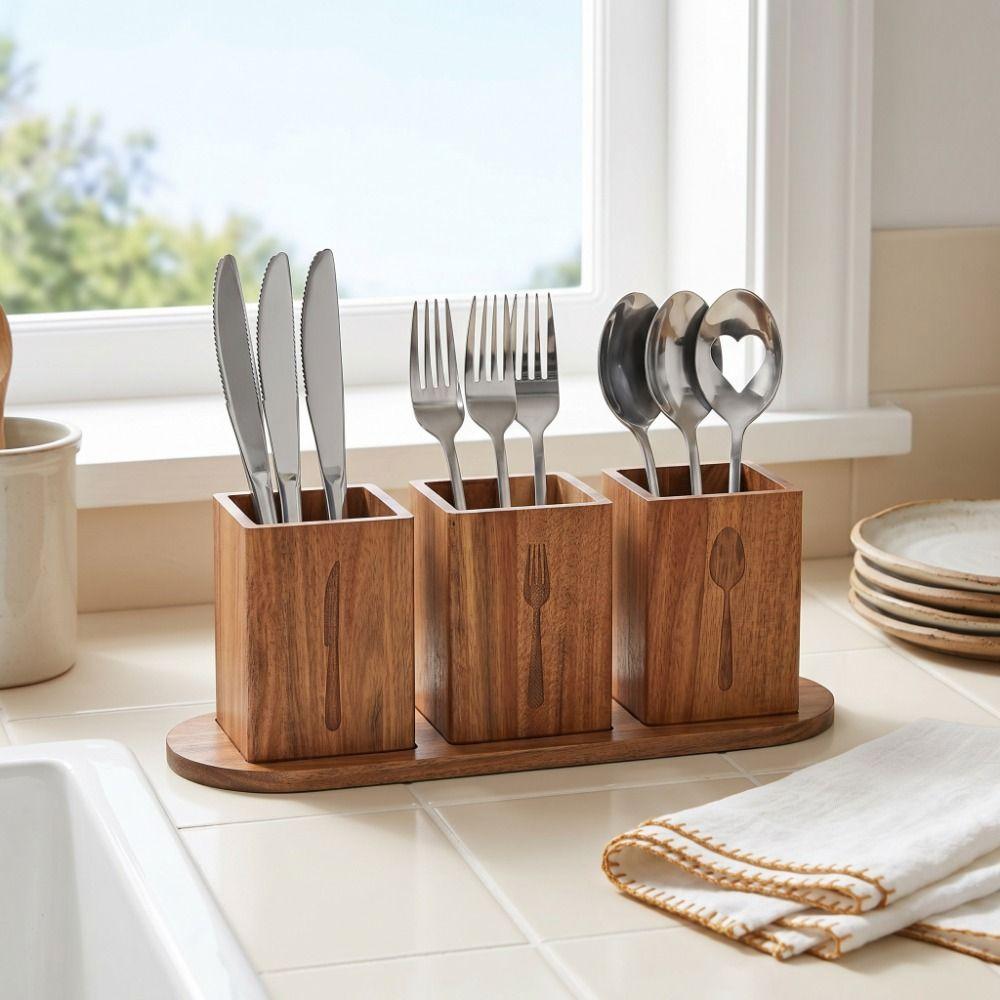 Space Saving 3 Compartment Cutlery Holder Wooden Flatware Organizer Farmhouse