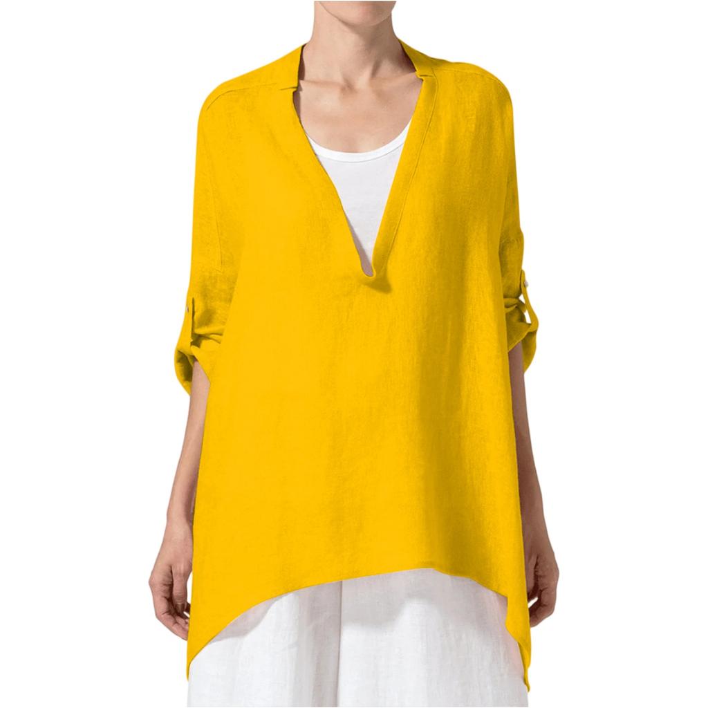 Модная женская однотонная хлопково-льняная свободная блузка с V-образным вырезом