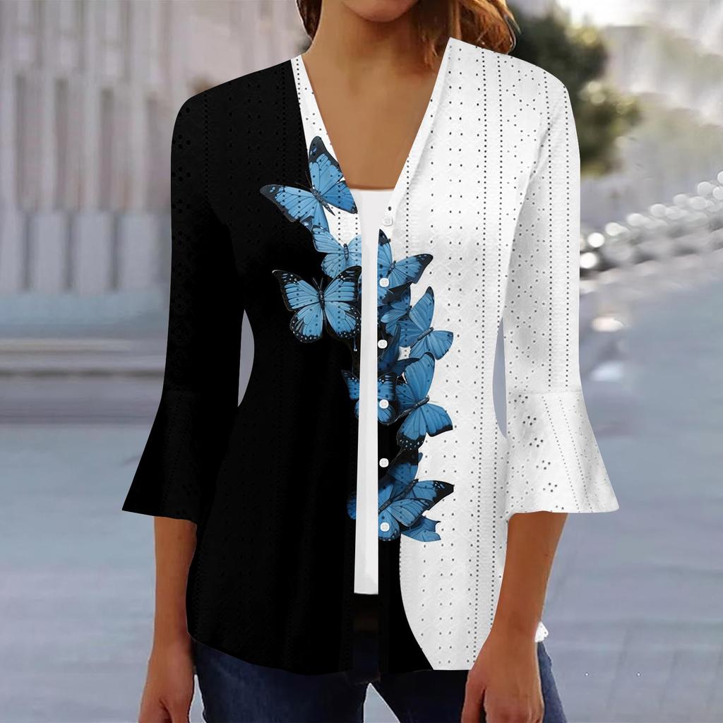 Women's Fashion Loose Casual Printed Three-quarter Sleeve Button Shirt Cardigan Top