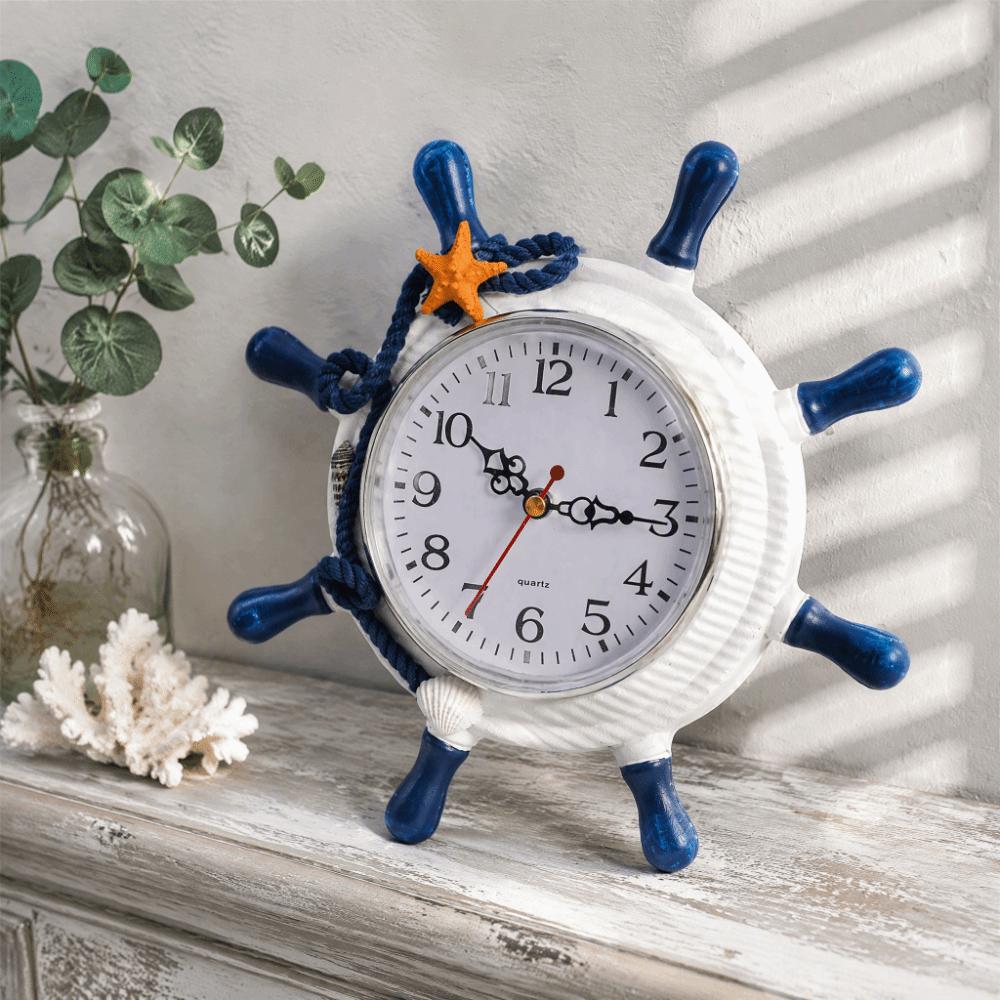 8.46in Steering Wheel Clock Blue Sailing Ship Clock Mediterranean Wooden Wall Clock Party Favors