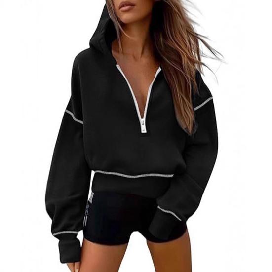 Women Short Sweatshirt Solid Color Long Sleeve Pullover Hooded Sweatshirt Loose Fit Zipper Half Placket Tops