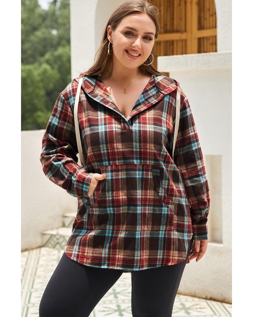 Azura Exchange Red Plus Size Plaid Kangaroo Pocket Drawstring Hoodie