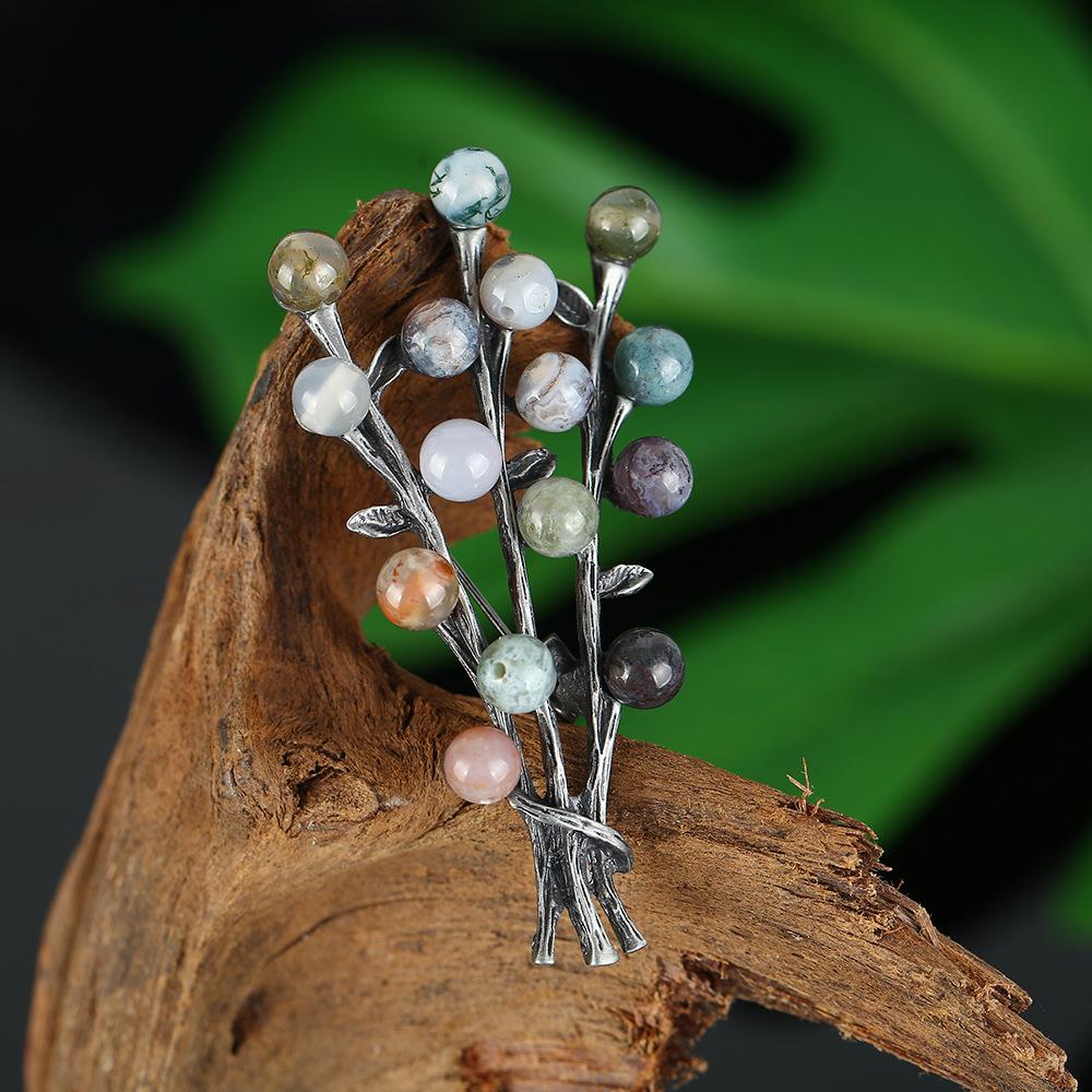 Retro Natural Agate Brooch High-end Classical Temperament Literary and Versatile Plant Pin Coat Cardigan Corsage Accessories