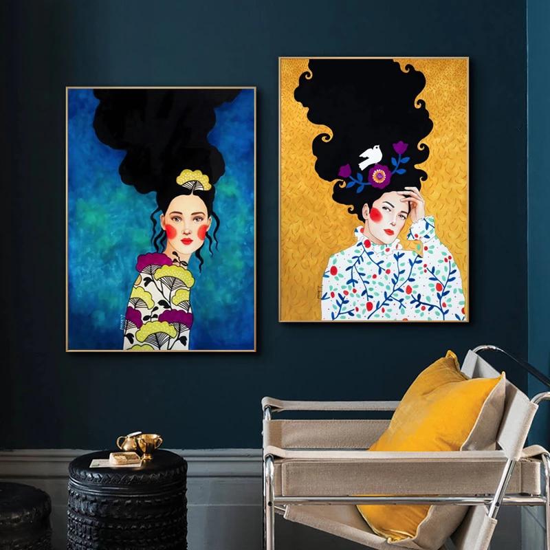Винтажный постер с абстрактным принтом девушки, цветов, птиц, красочных настенных картин, скандинавских картин на холсте, настенных картин для декора гостиной без рамки