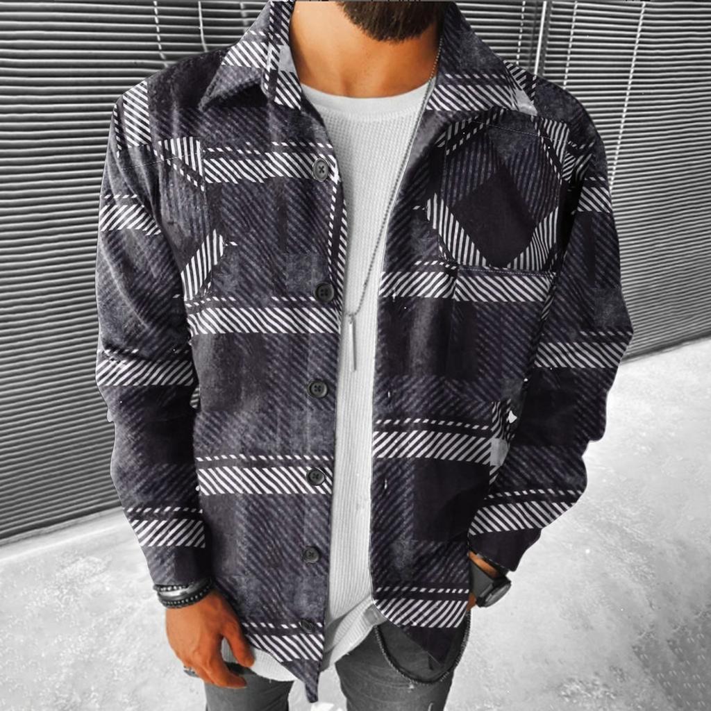 Мужские клетчатые рубашки с длинным рукавом, фланелевая куртка с лацканами на пуговицах и карманами, пальто