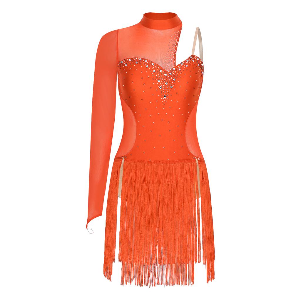 Женский костюм для латиноамериканских танцев и танго, прозрачная сетка, пэчворк, вырез на спине, блестящие стразы, асимметричное платье с бахромой