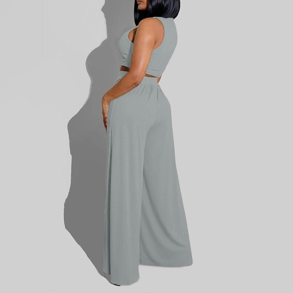 Women 2 Piece Outfits Spring Summer Tracksuits Mock Neck Sleeveless Cutout Crop Top Wide Leg Long Pants Sweatsuits