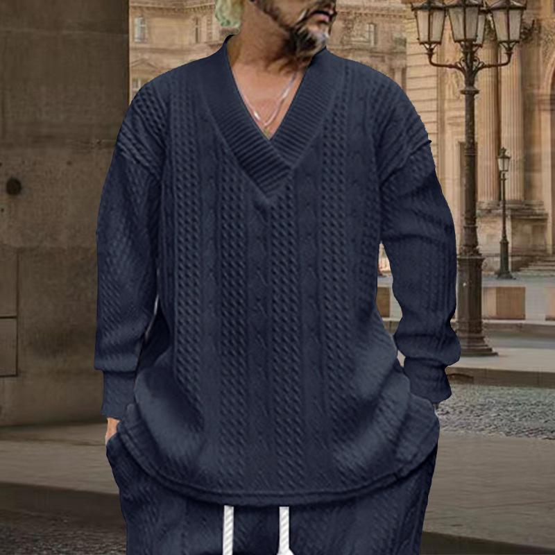 Осень-зима Cross Border Повседневный жаккардовый трикотаж Мужская весенне-осенняя свободная футболка с длинным рукавом Мужские пуловеры с V-образным вырезом Топы