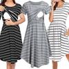 Summer Mother Breastfeeding Dress Openable Front Striped Round Neck Irregular Hem Short Sleeve Pregnant Women Nightdress Midi Dress