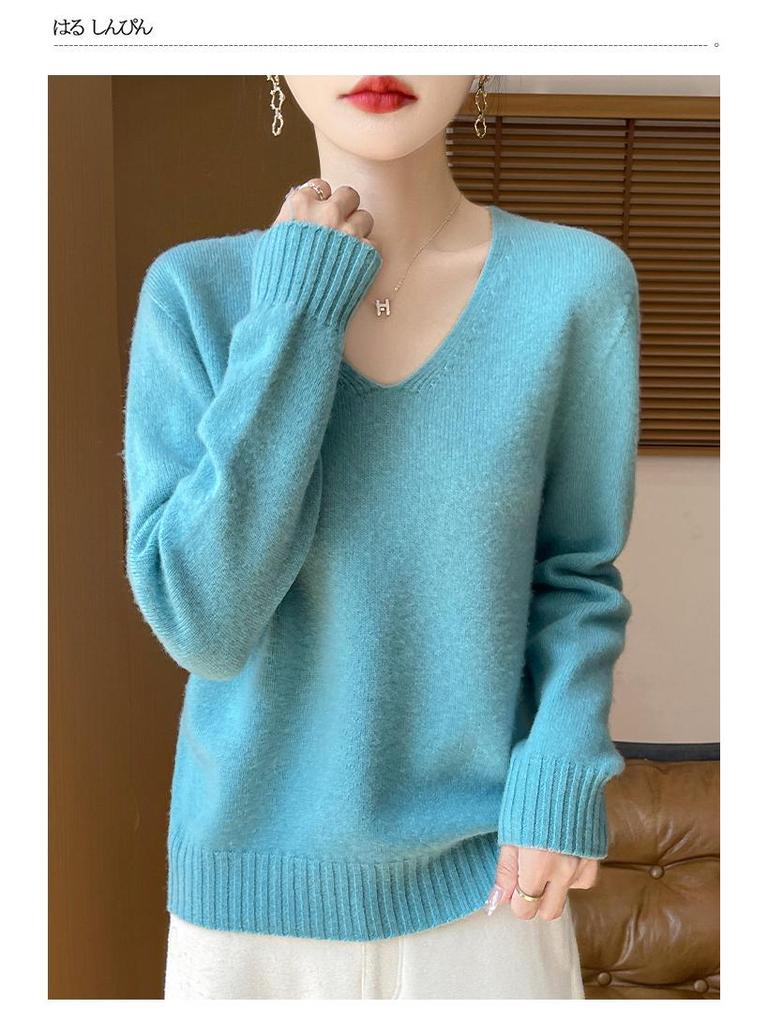 Minimalist 100% Wool V-Neck Sweater: Seamless, Solid Color, Long Sleeve, New Women's Knit