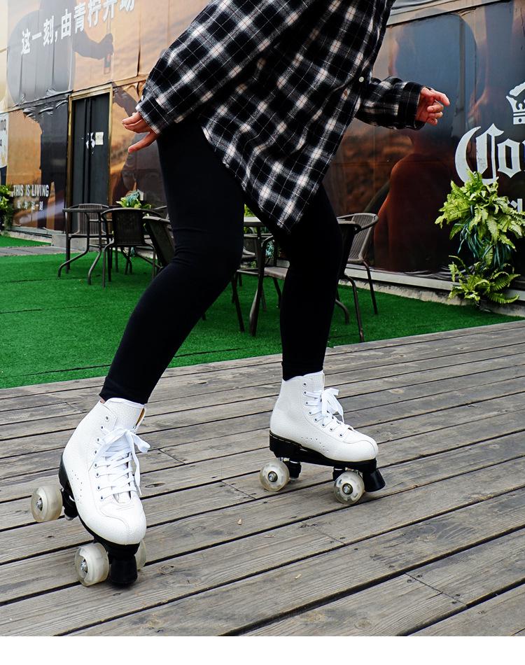 Розово-красные двухрядные роликовые коньки для взрослых с мигающими колесами - Кожаный стиль