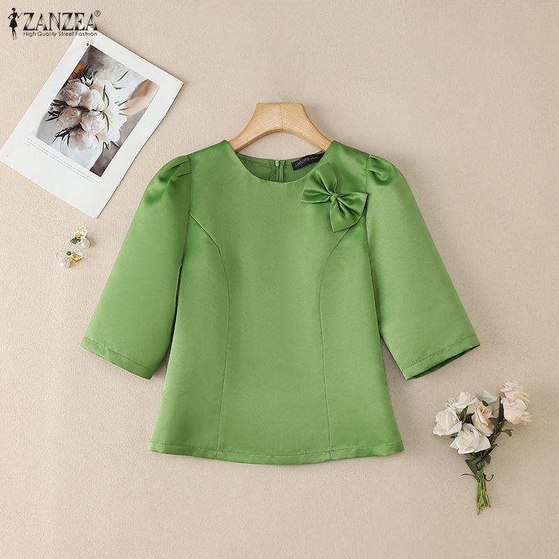 ZANZEA Женская повседневная однотонная блузка с круглым вырезом и коротким рукавом