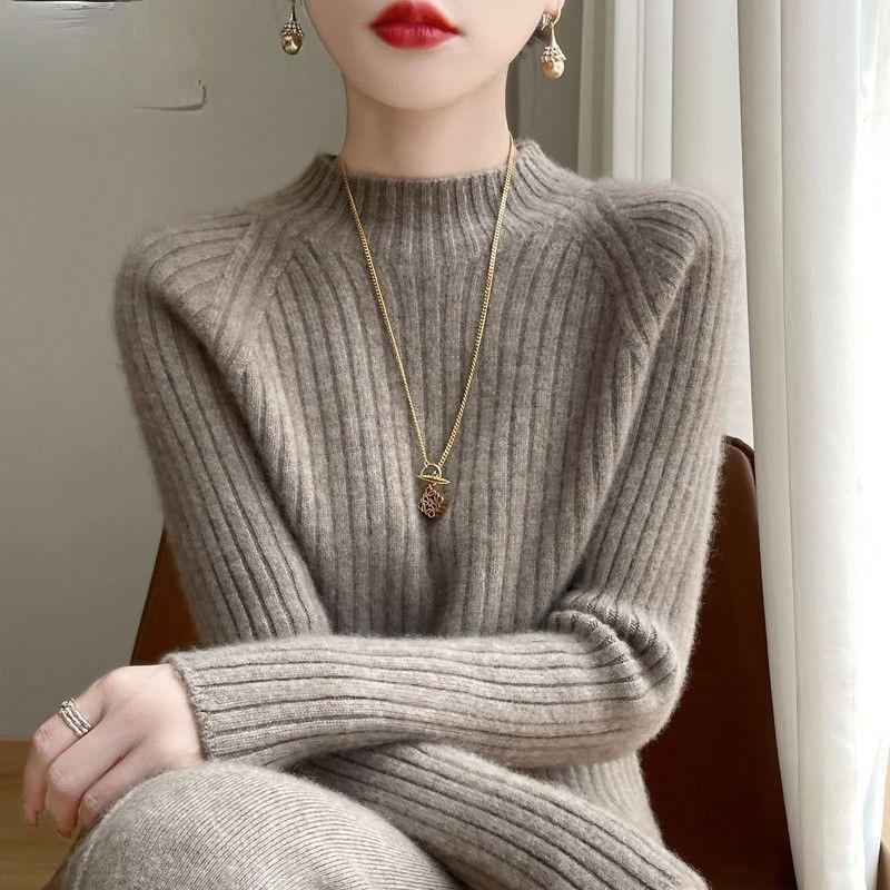 Осень Зима Женский Трикотаж Приталенный Полувысокий Воротник Однотонный Свободный Короткий Вязаный Свитер Базовый Слой