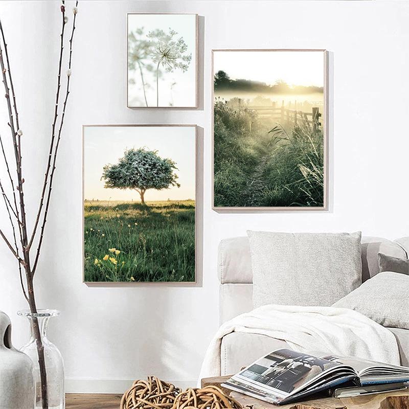 Дерево в скандинавском стиле, картина на холсте, солнечный свет, природа, пейзаж, постер, утренний восход, трава, настенная живопись, скандинавское украшение, картина