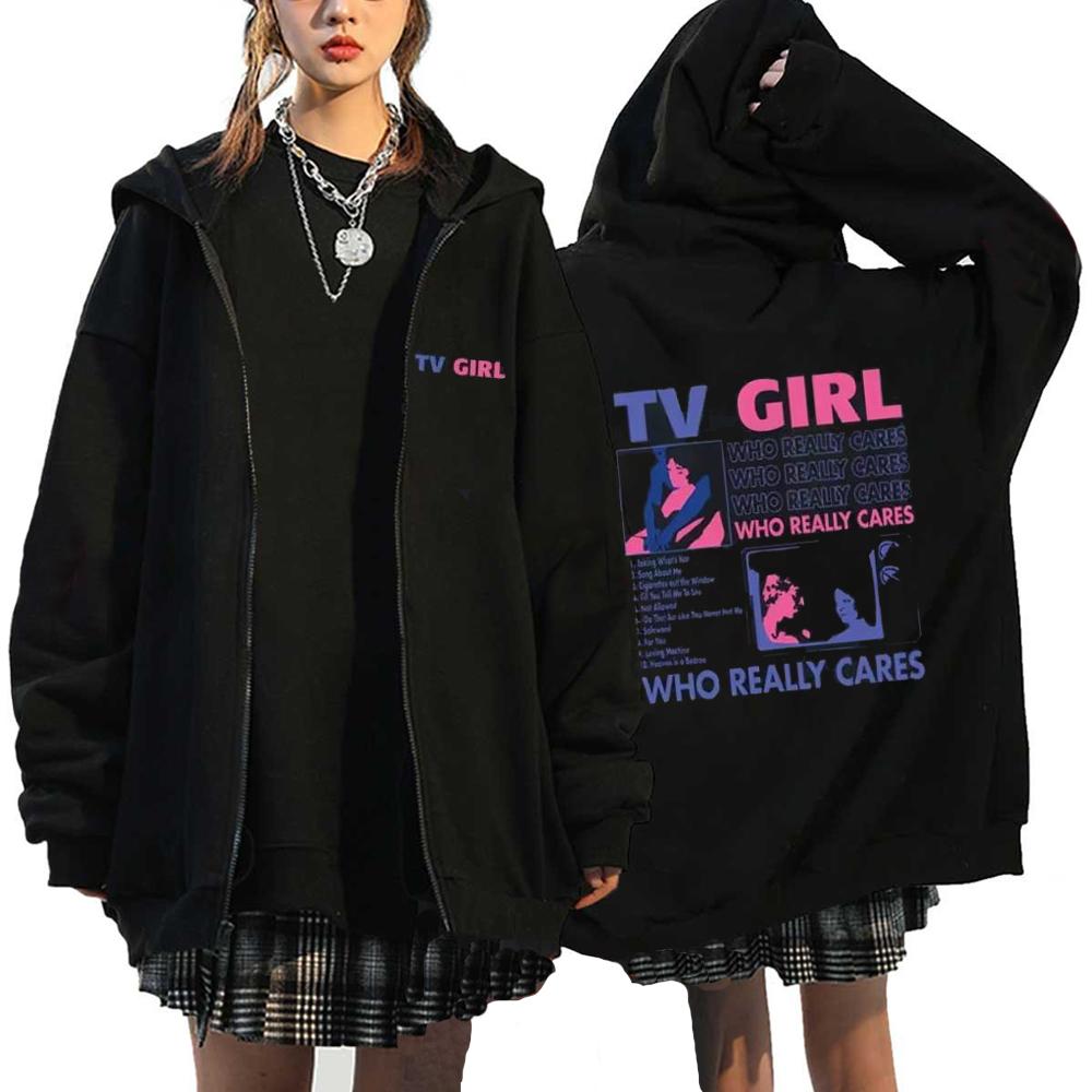 TV Girl Hoodies Who Really Cares Graphic Printed Zipper Sweatshirts Men's Women's Fashion Fleece Casual Oversized Zip Up Jackets