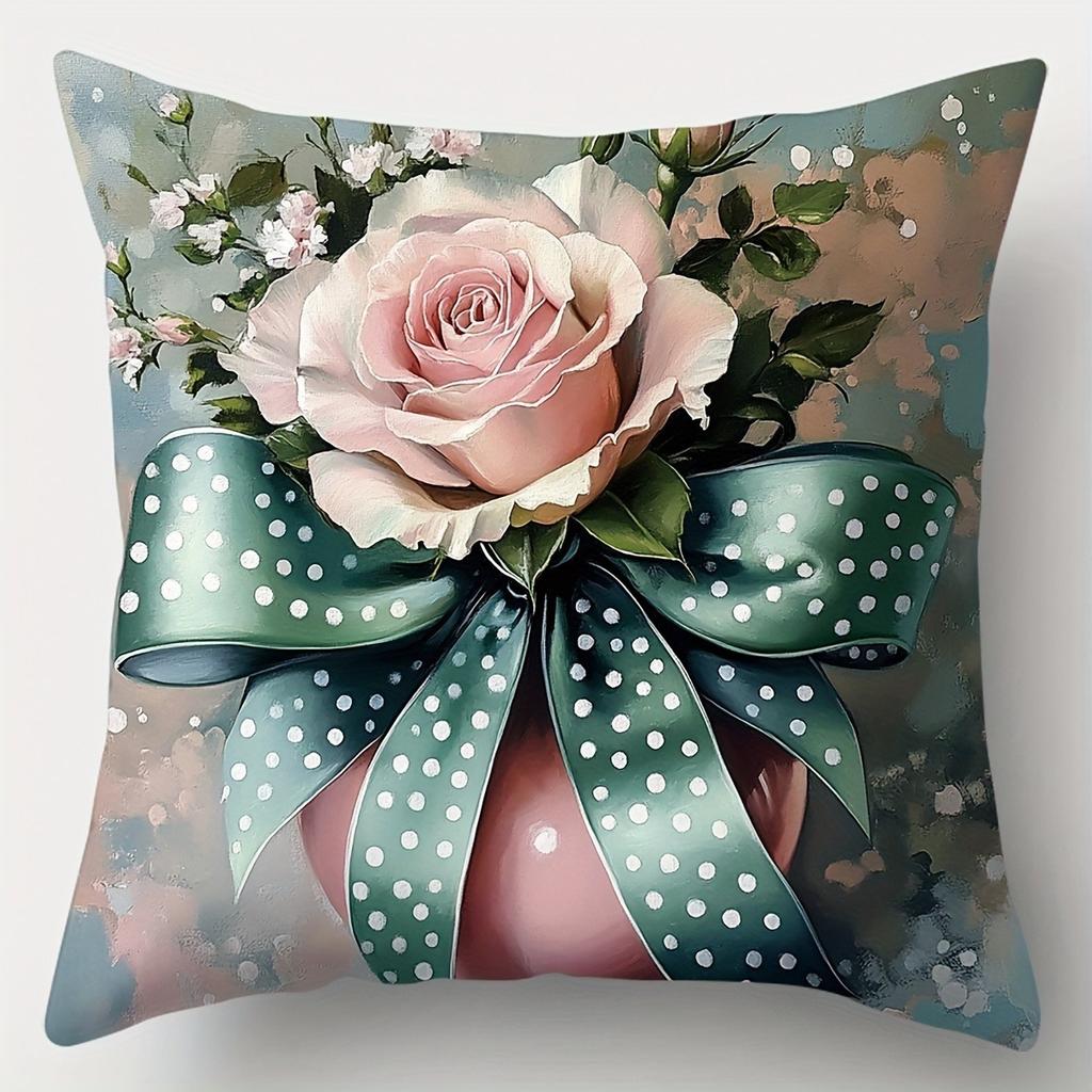 Pink Rose And Polka Dot Bow Pattern Home Decor Pillowcase Living Room Sofa Polyester Cushion Cover With Zipper