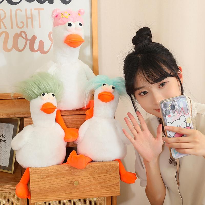 Creative Plush Duck Soft Toys DIY Hairstyle Pull It Neck Duck Doll Toy Doll Pillow Decor Christmas Birthday Gift for Girl Friend