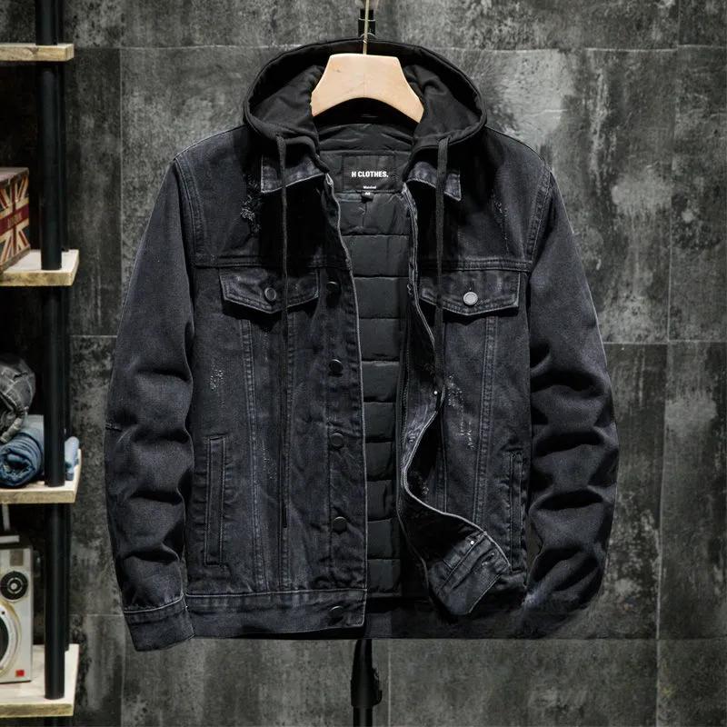 Мужская куртка из плотного бархата и денима на осень и зиму, черная хлопковая куртка со съемным капюшоном
