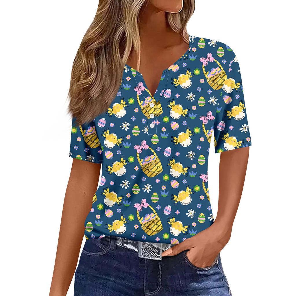 Women's Casual Print V-Neck Short Sleeve Decorative Button T-Shirt Top