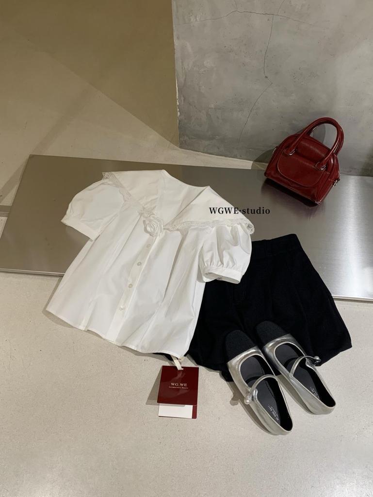 Модная темно-синяя рубашка с коротким рукавом и воротником для женщин Guangzhou Thirteen Hong Весна/Лето