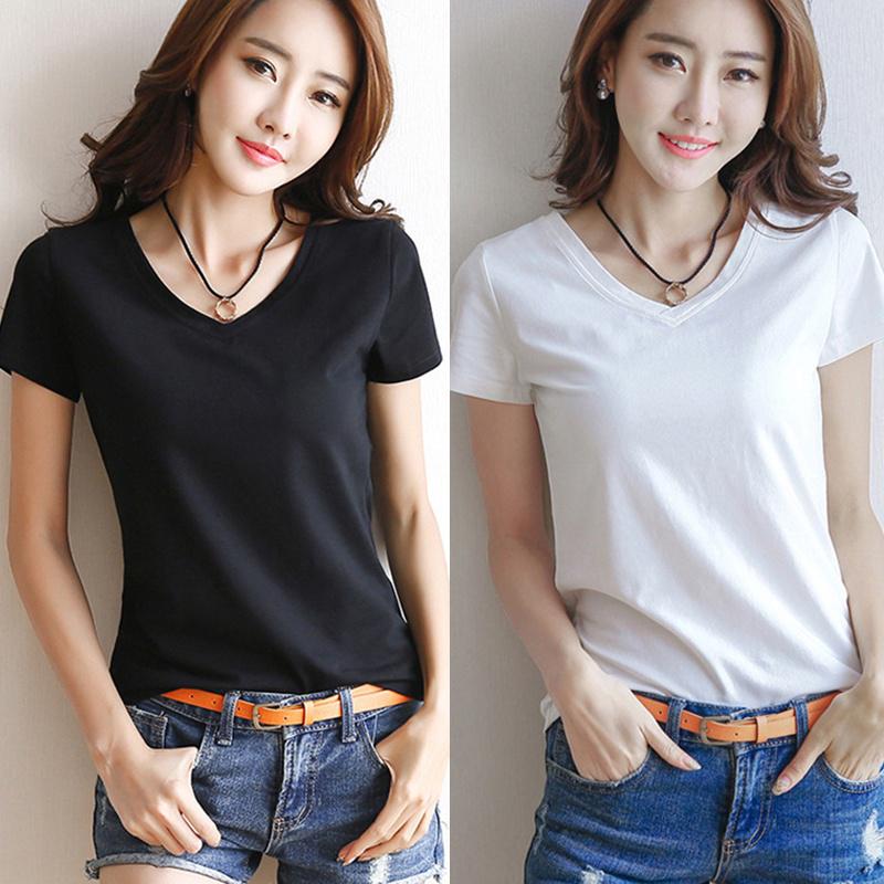 Весна и Лето Женская Мода Футболка с V-образным и круглым вырезом, с короткими рукавами, Сексуальная, Свободного кроя, Базовая, Топы