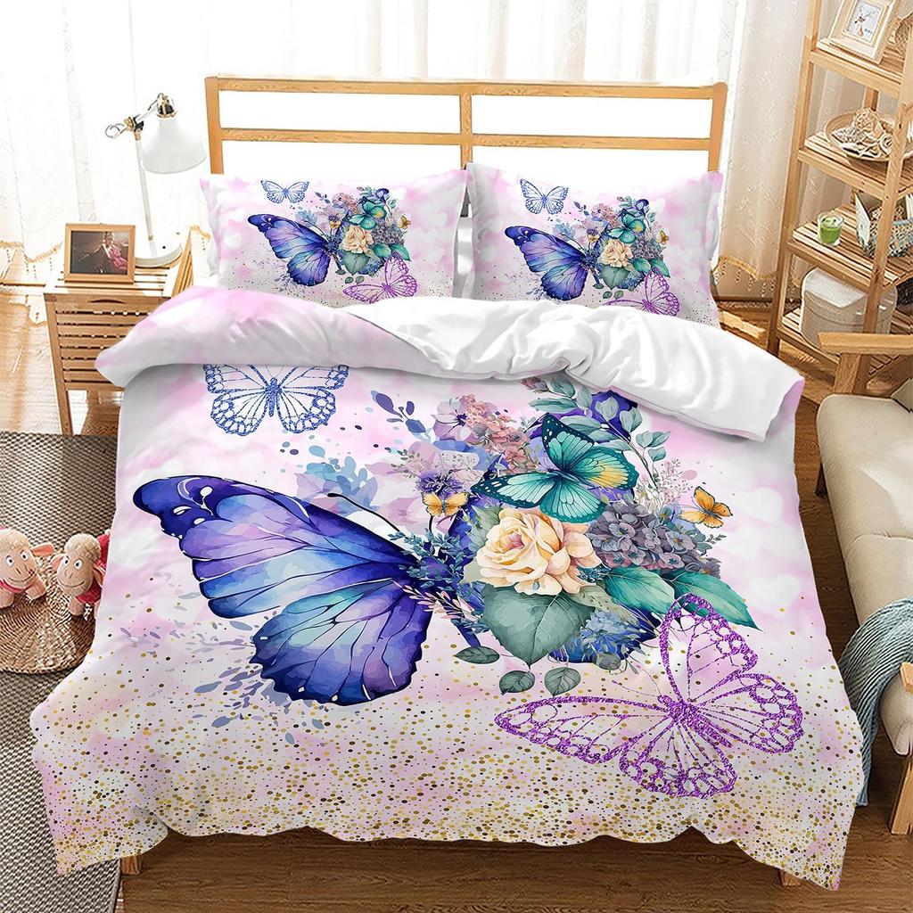 Beautiful Butterfly Duvet Cover Set Twin King Size,Butterfly Floral Print Bedding Set For Girls Women,Boho Style Comforter Cover
