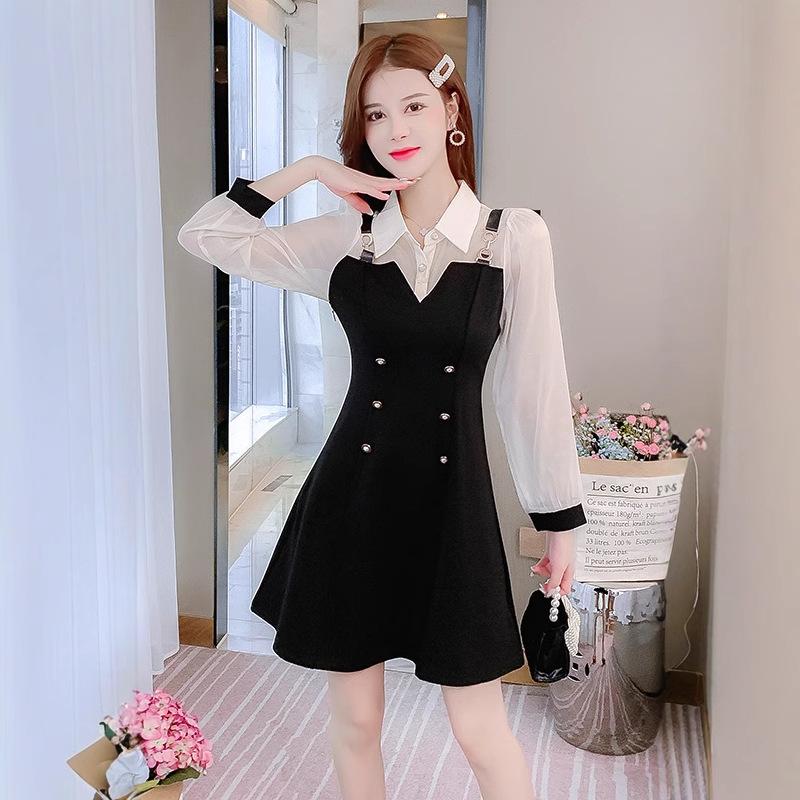 Весеннее новое платье-обманка из двух частей, женская одежда, весеннее, с завышенной талией, тонкое, с низом в виде маленькой черной юбки