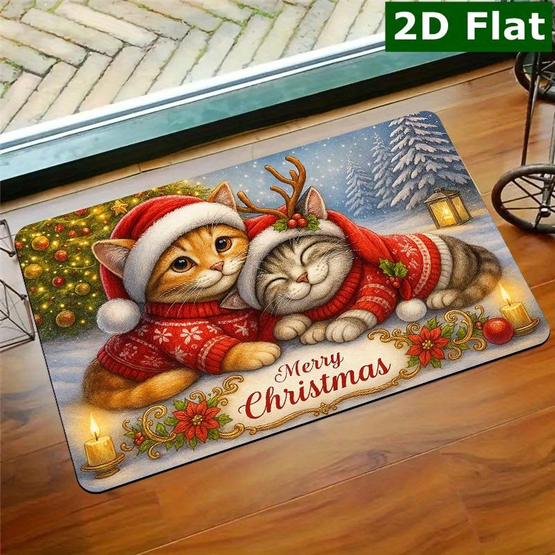 Two Cozy Santa Sweater Cats Pine Forest Candle Print Festive Indoor Entry Doormat Winter Xmas Home Floor Accent
