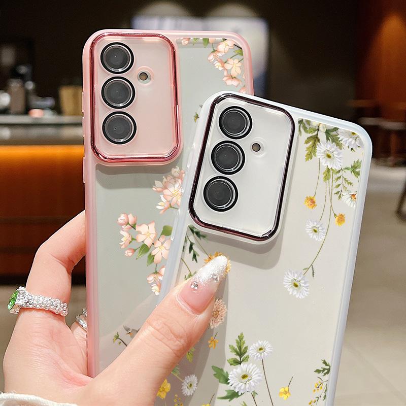 Прозрачный противоударный чехол с цветочным принтом для Samsung S25 Ultra S24 FE S23 Plus A56 A36 A16 A55 A15, защитная пленка для объектива, мягкий силиконовый тонкий чехол для телефона
