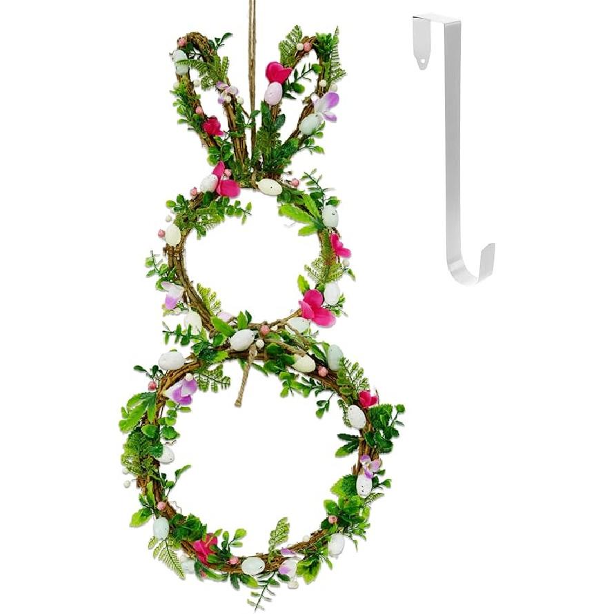 DearSun 11,2" Весенний венок Пасхальный венок с цветами, яйцами, зелеными листьями и бечевкой, для подвешивания на дверь дома, в помещении, на улице, на стену