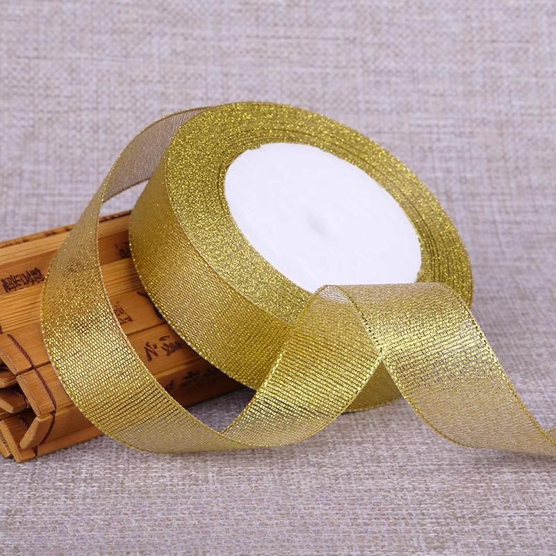 Ленты с блестками 6-50 мм 25 ярдов Золотая/Серебряная Металлическая Органза Лента для Свадебного Торта Подарочное Украшение DIY Принадлежности для Рукоделия